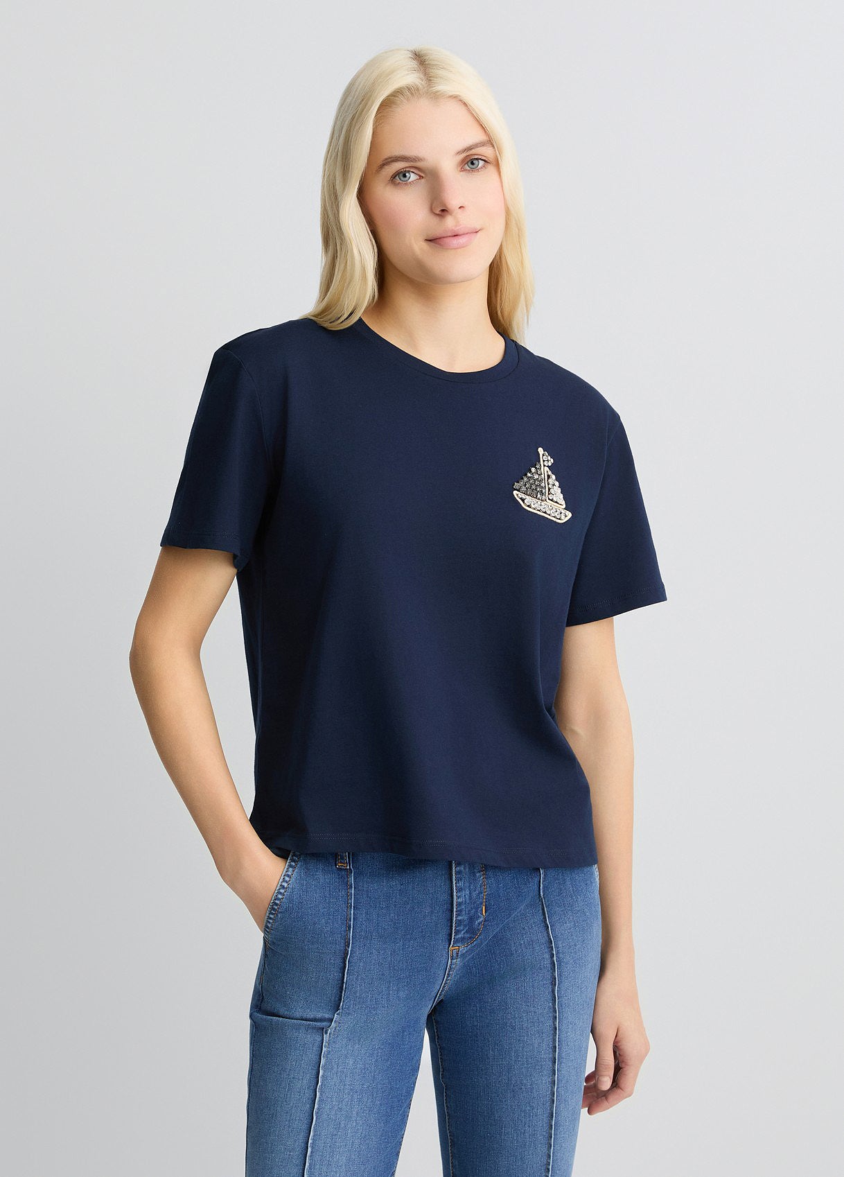 T-Shirt in Cotone con Ricamo e Strass Blu