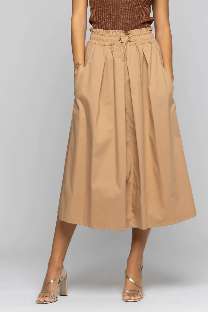 Gonna Midi con Pieghe e Vita Elasticizzata Beige