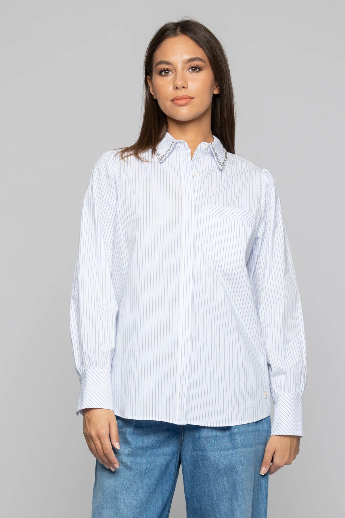 Camicia con Strass sul Colletto Azzurro - Main Image