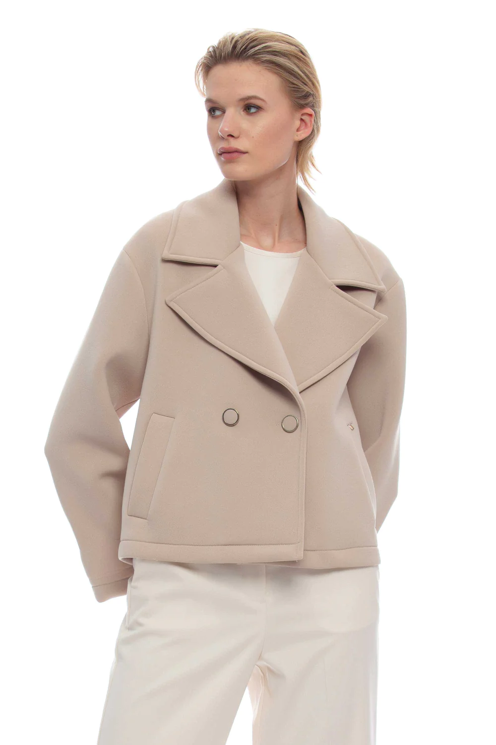 Soprabito Cappotto Beige Donna Corto Soprabito Lana Cappotto Corto