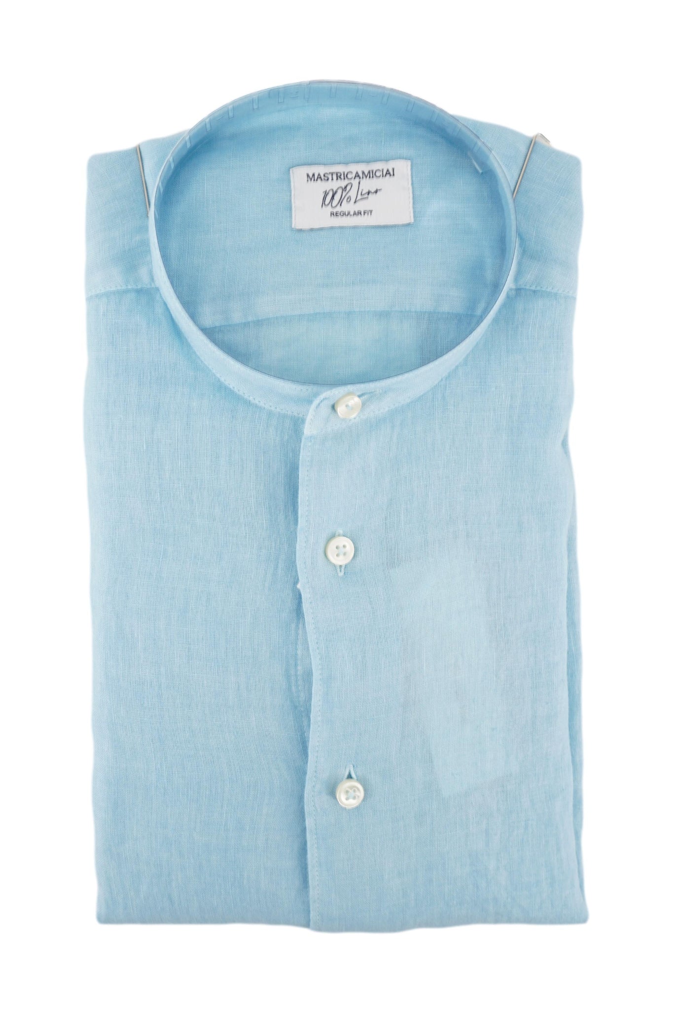 Camicia in Lino con Collo alla Coreana Celeste