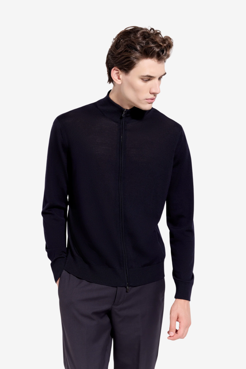 Cardigan Full Zip in Lana Merino Extrafine / Blu - Ideal Moda