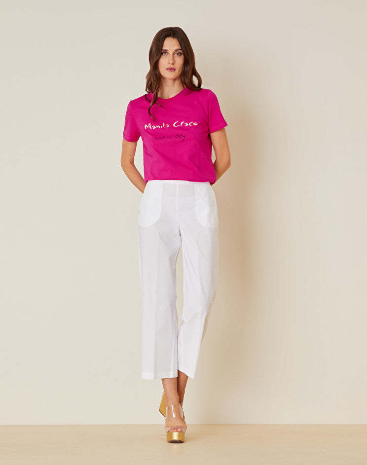 Pantalone in Cotone con Mezzo Elastico in Vita / Bianco - Ideal Moda