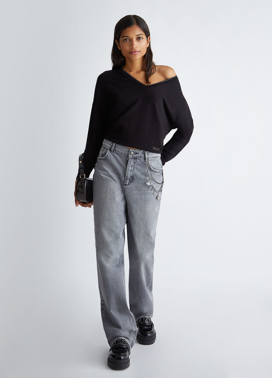 Maglia con Scollo a V Ampio / Nero - Ideal Moda