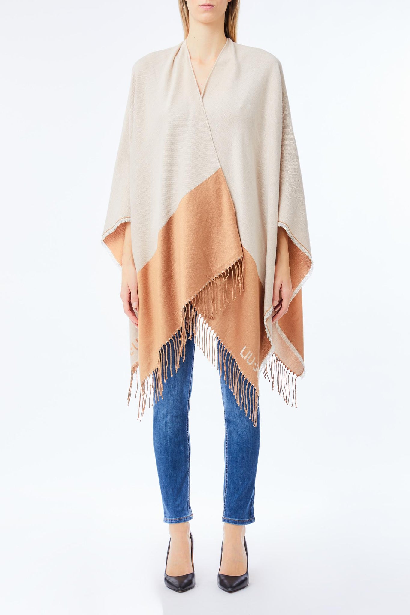 Poncho con Logo e Frange / Bianco