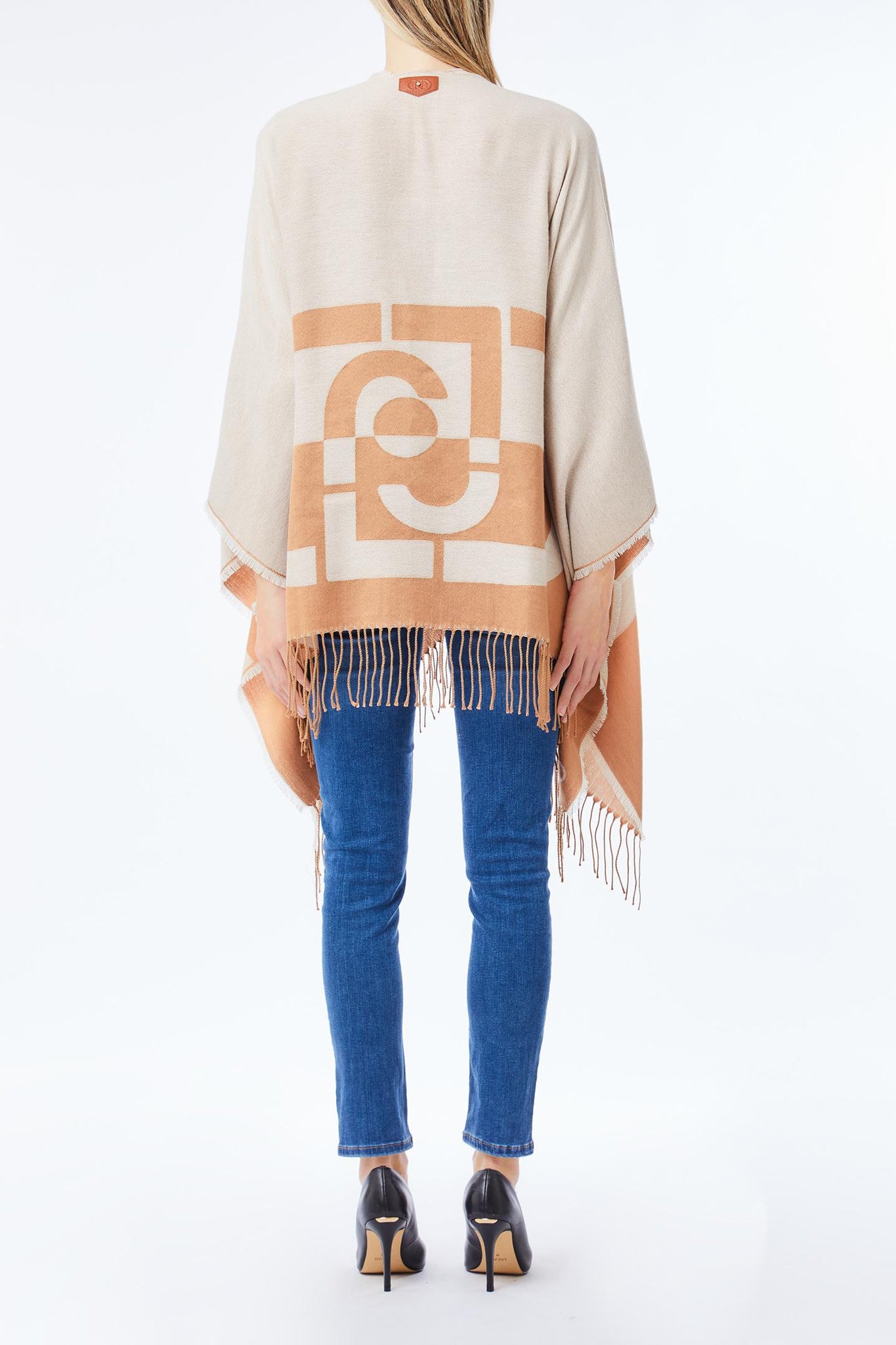 Poncho con Logo e Frange / Bianco