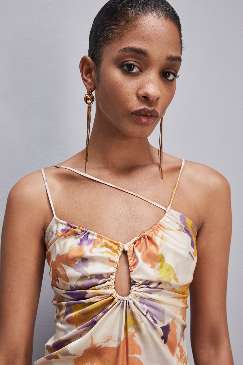 Abito Midi con Spalline Asimmetriche / Arancione - Ideal Moda