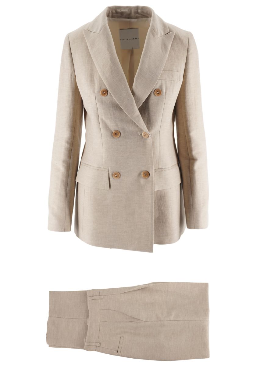 Tailleur in Lino con Chiusura Doppio Petto / Beige - Ideal Moda