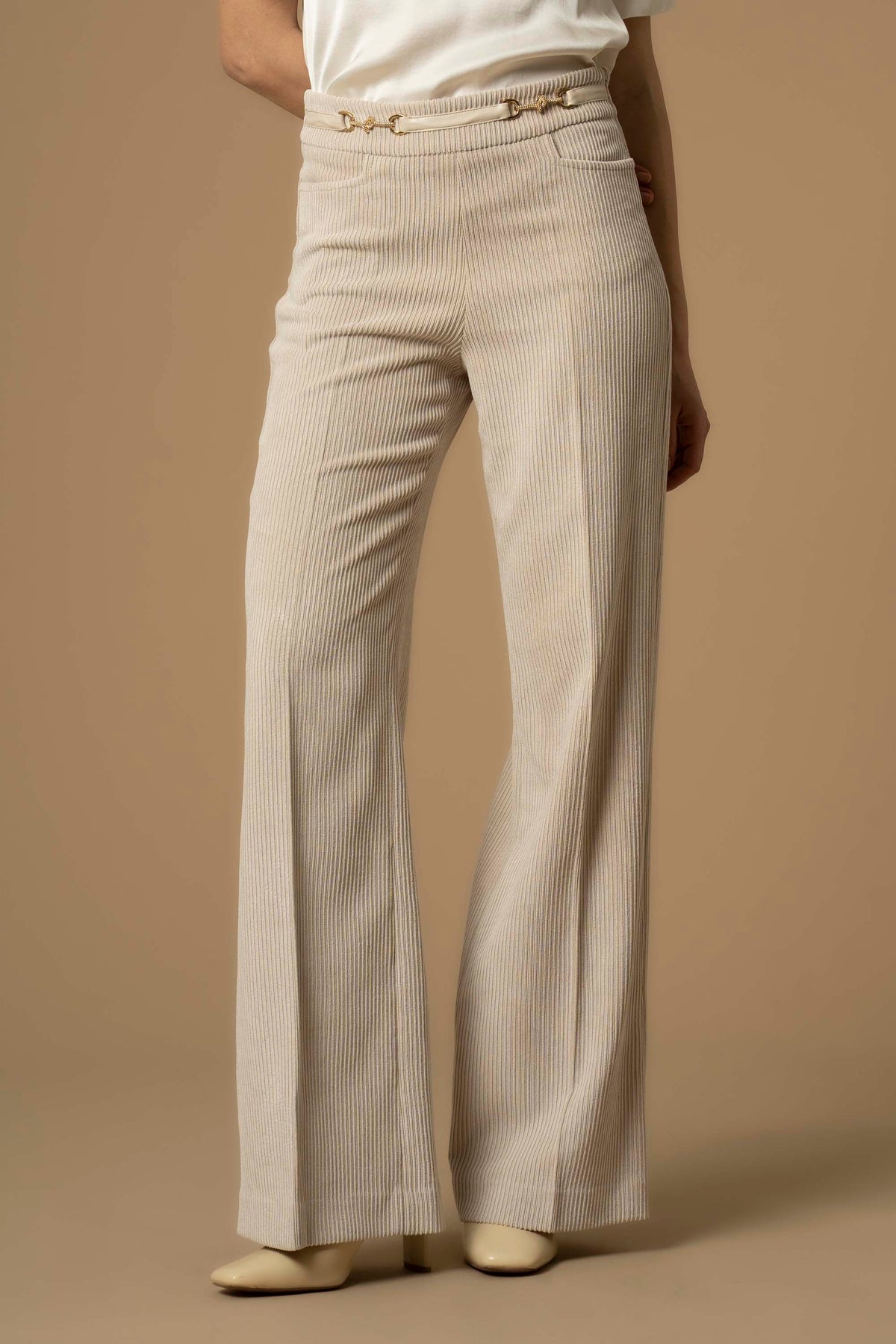 Pantalone a Coste con Dettagli Oro / Avorio - Ideal Moda