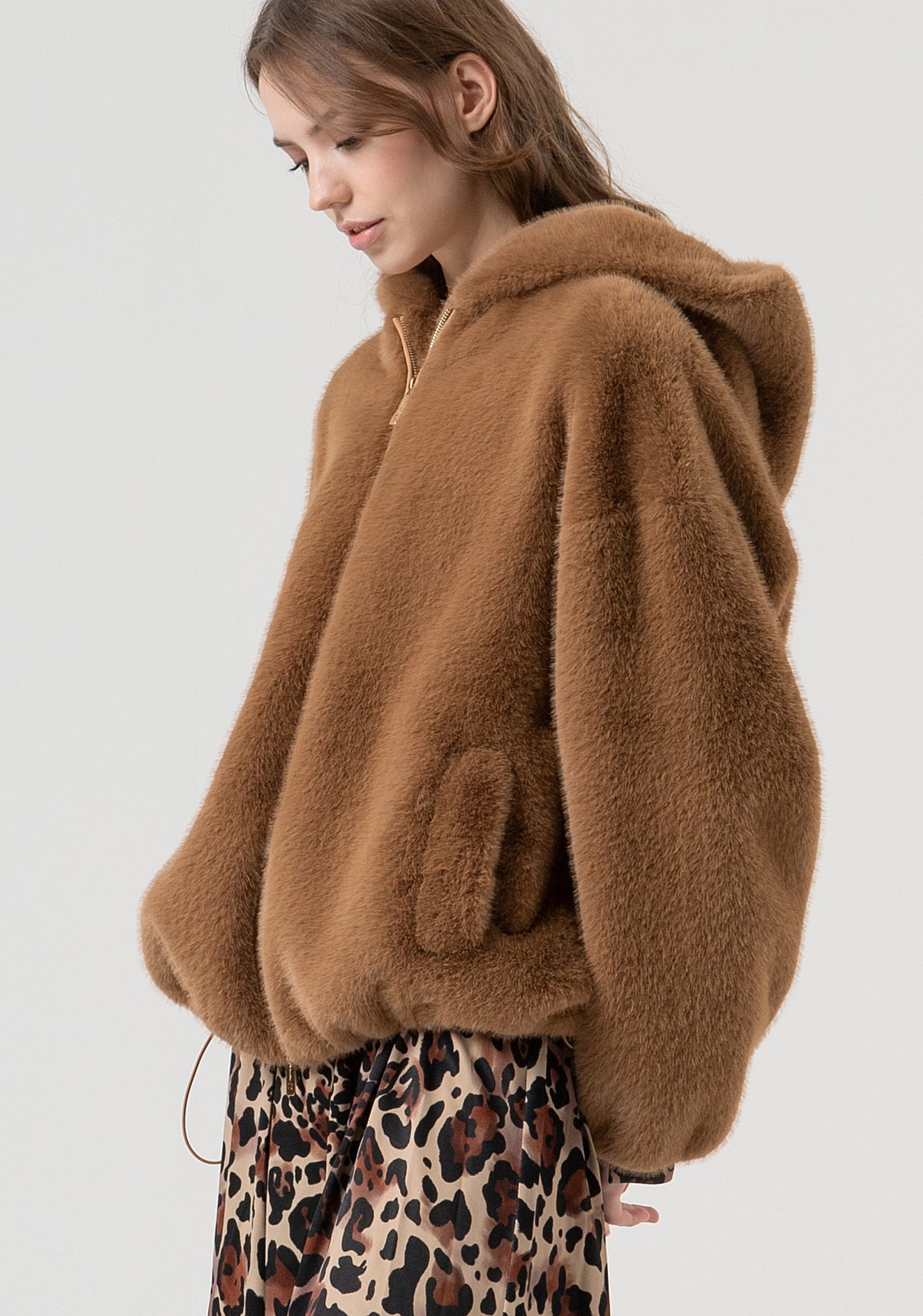 Giacca Bomber in Eco Pelliccia / Marrone