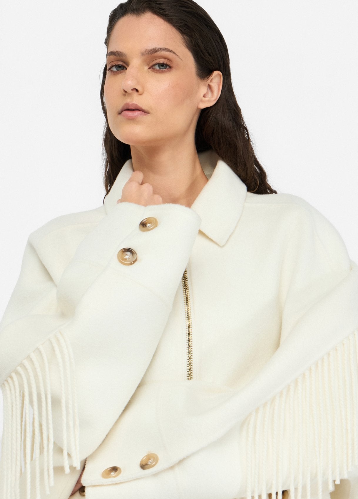 Caban in Lana con Frange / Avorio - Ideal Moda