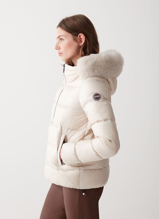 Piumino con Cappuccio e Pelliccia Bianco - Main Image