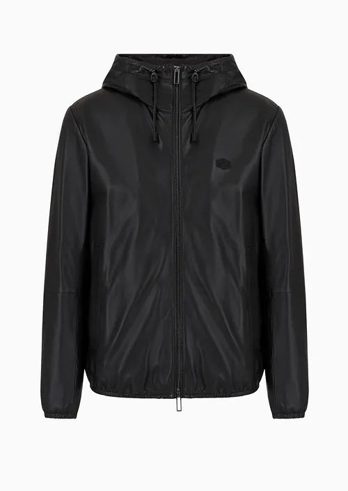 Giubbino in Pelle con Zip e Cappuccio / Nero - Ideal Moda