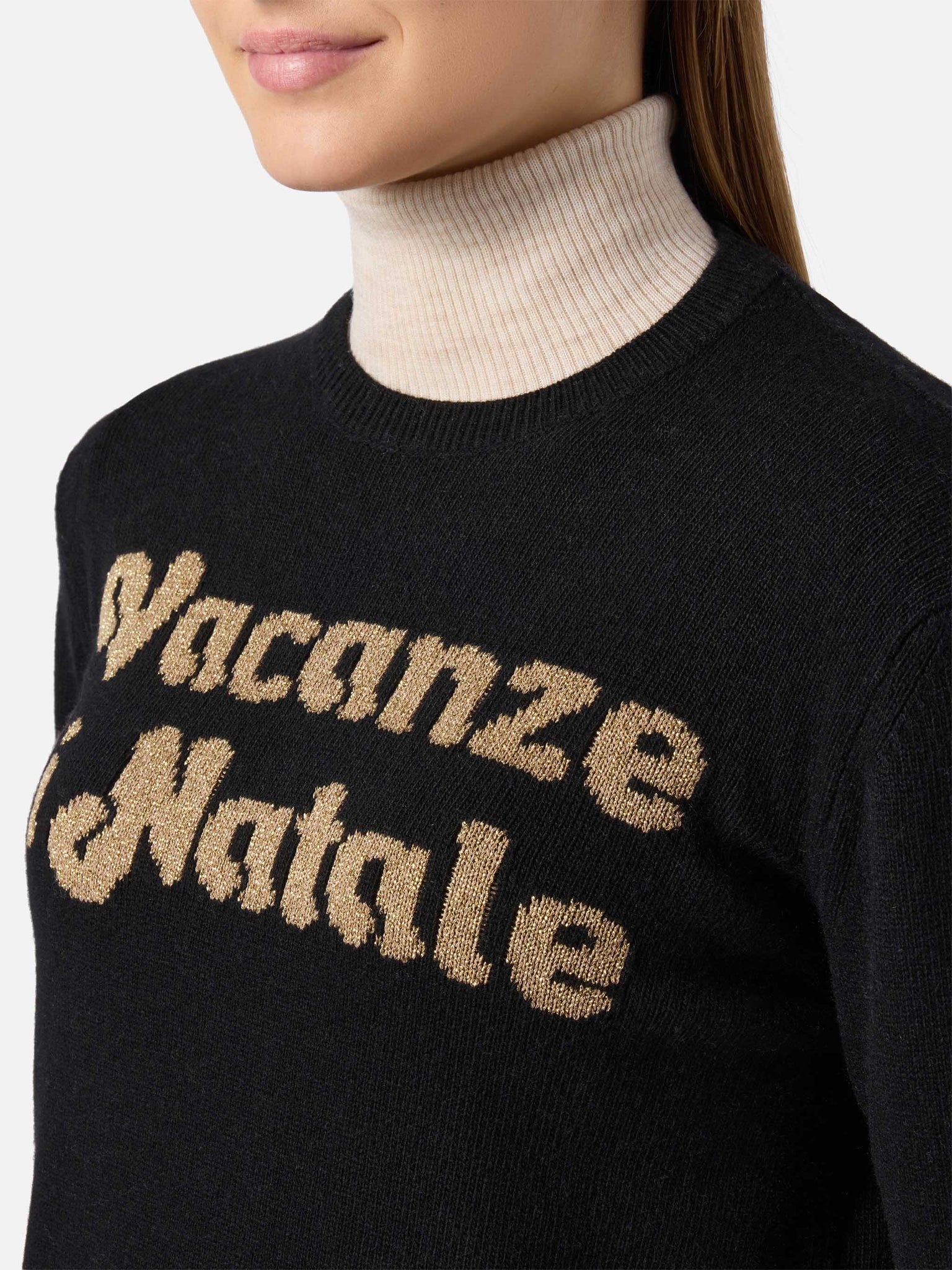 Maglione in Misto Cashmere con Jacquard / Nero