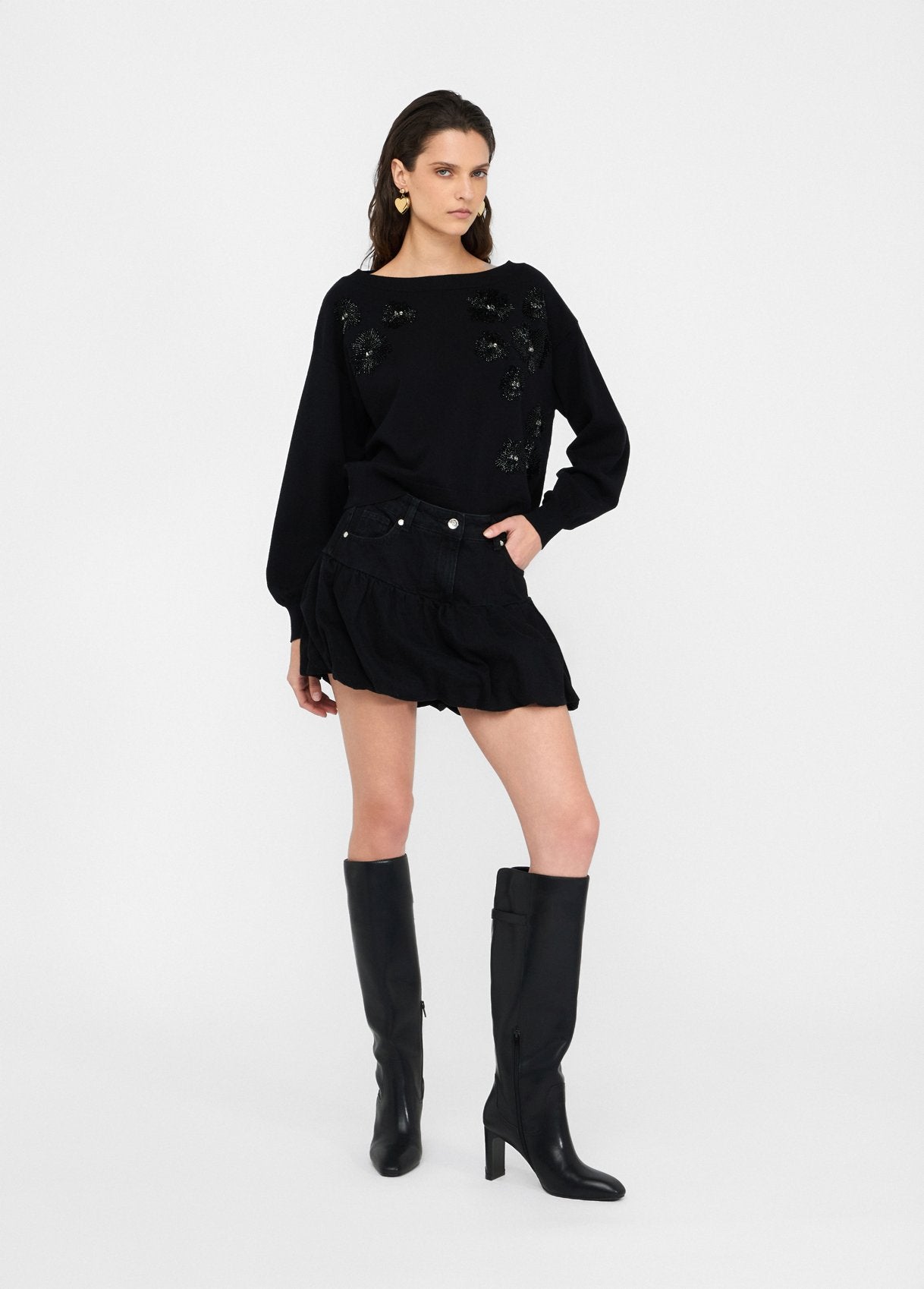 Maglia con Strass e Scollo a Barca / Nero