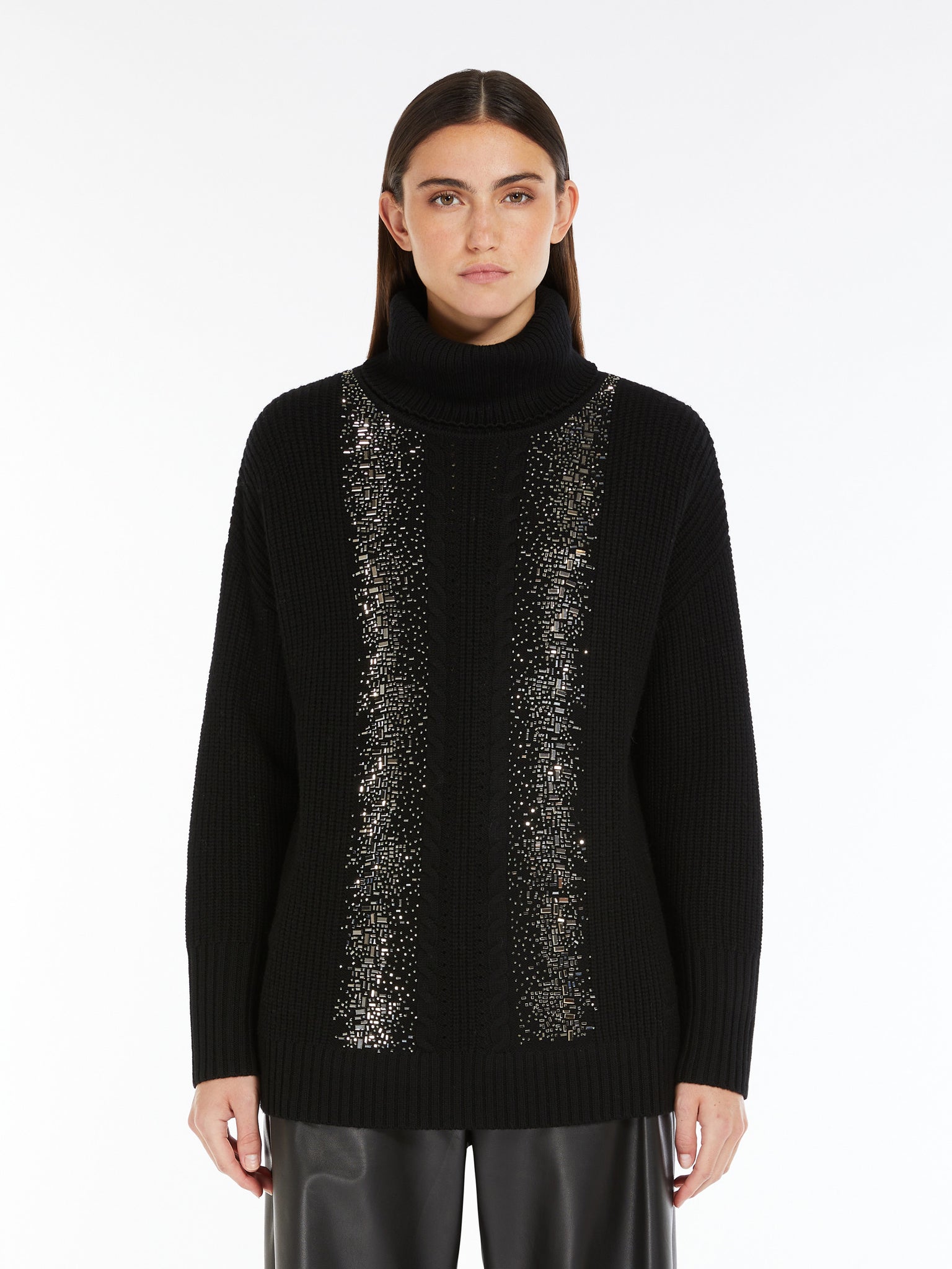 Pullover a Collo Alto in Lana a Coste / Nero - Ideal Moda