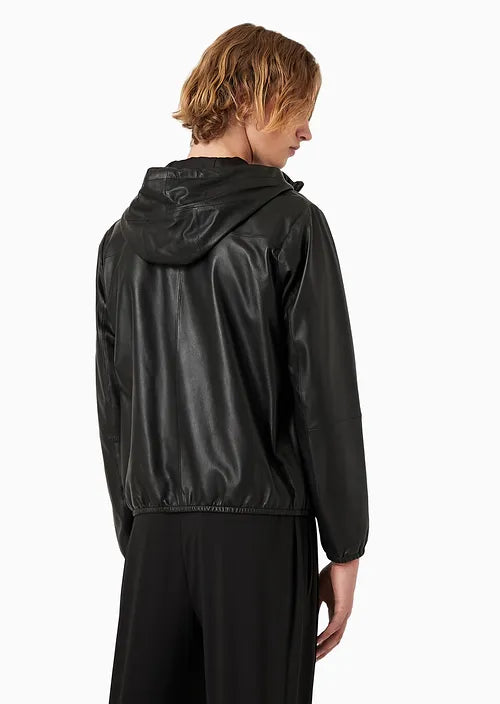 Giubbino in Pelle con Zip e Cappuccio / Nero - Ideal Moda