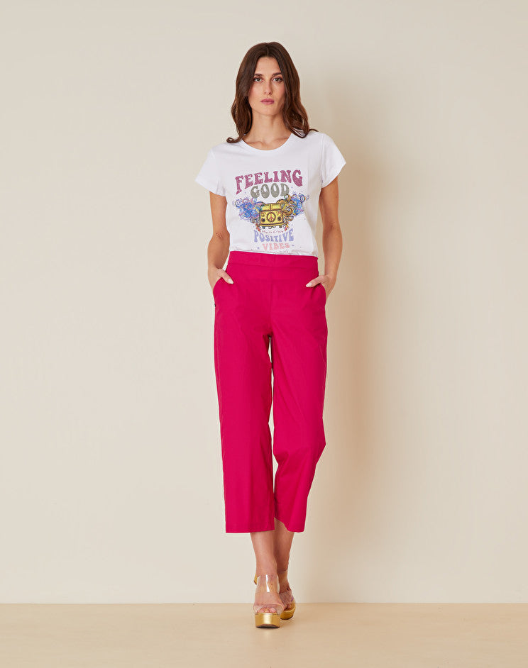 Pantalone in Cotone con Mezzo Elastico in Vita / Fucsia - Ideal Moda