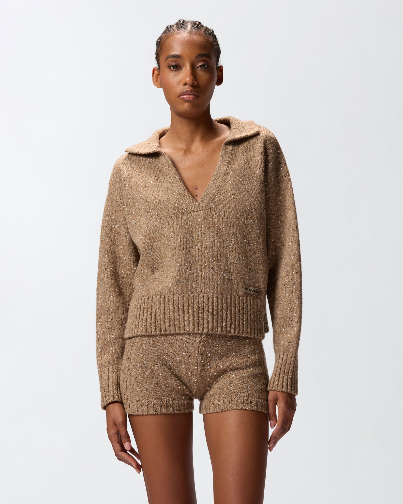 Maglione con Scollo a V e Strass / Beige - Ideal Moda