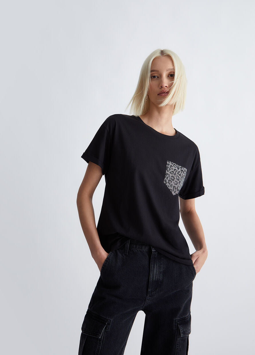 T-Shirt con Taschino e Strass / Nero - Ideal Moda
