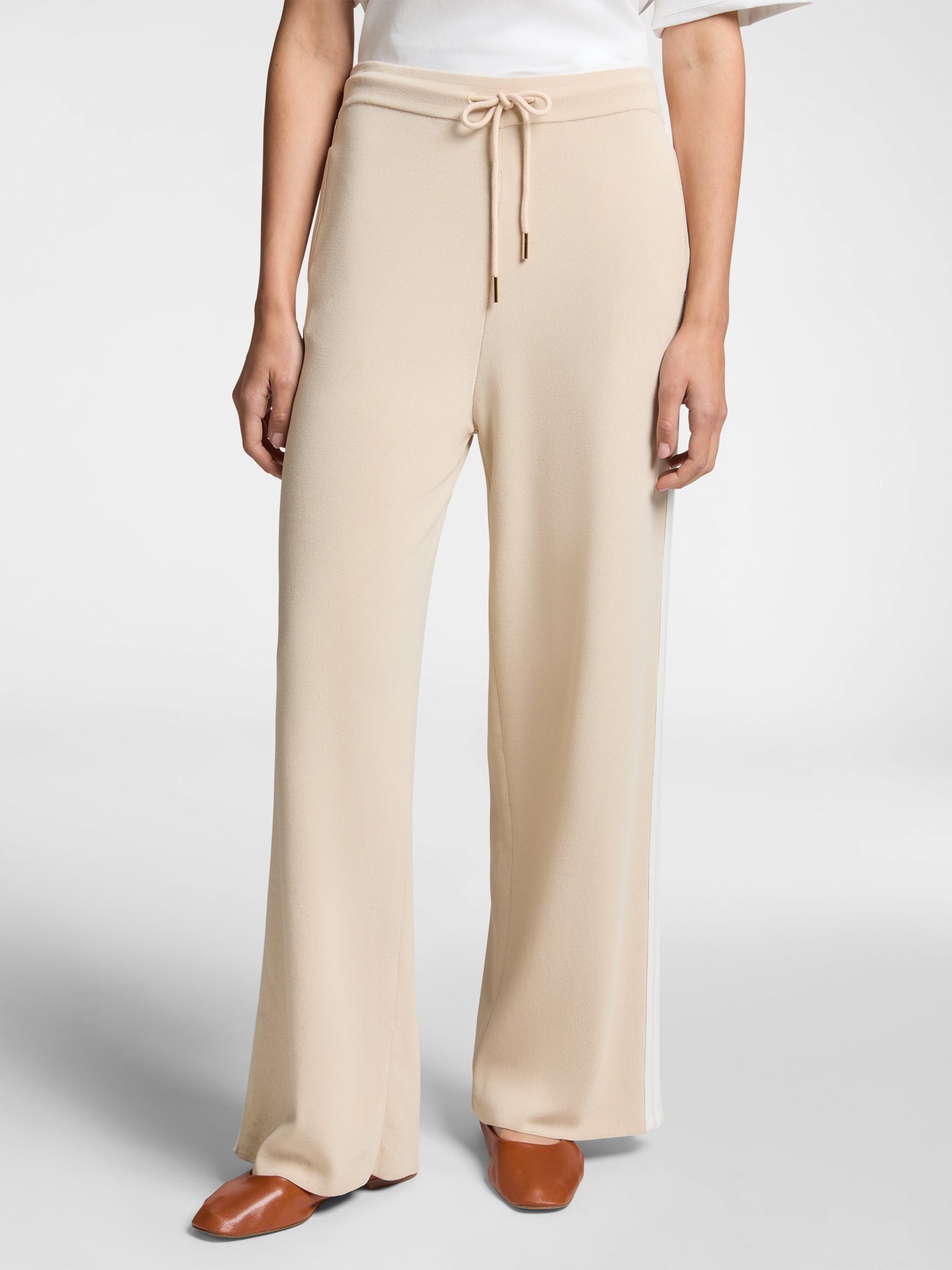 Pantalone in Maglia con Bordi a Righe / Beige - Ideal Moda