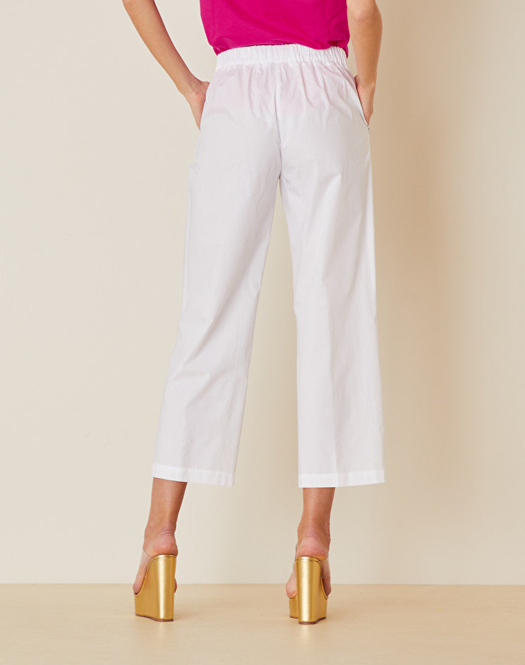 Pantalone in Cotone con Mezzo Elastico in Vita / Bianco - Ideal Moda
