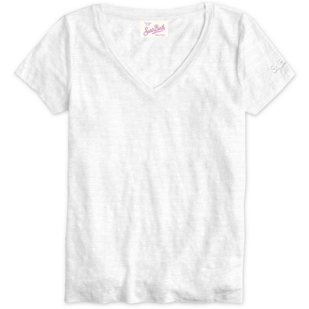 T-Shirt in Lino con Scollo a V / Bianco - Ideal Moda