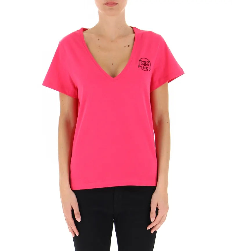 T-Shirt con Scollo a V e Ricamo / Rosa - Ideal Moda