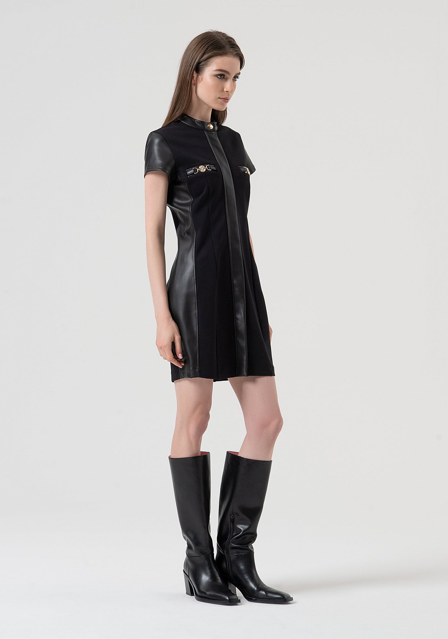 Abito Slim con Inserti in Ecopelle / Nero