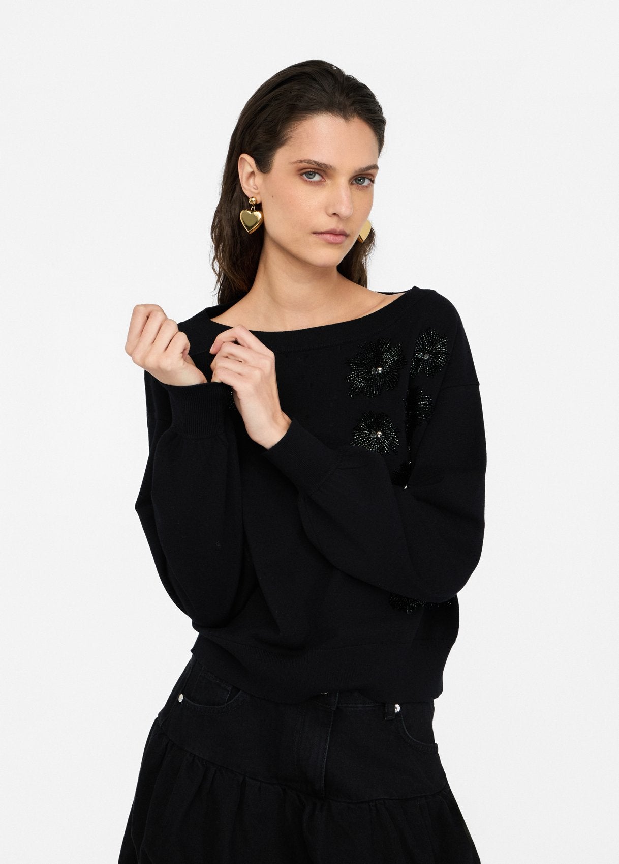 Maglia con Strass e Scollo a Barca / Nero