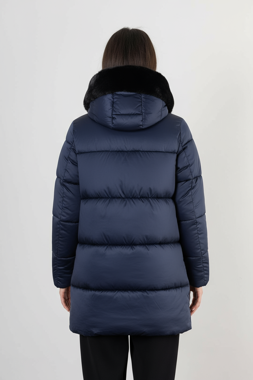 Giubbino Lungo con Collo in Eco Pelliccia / Blu