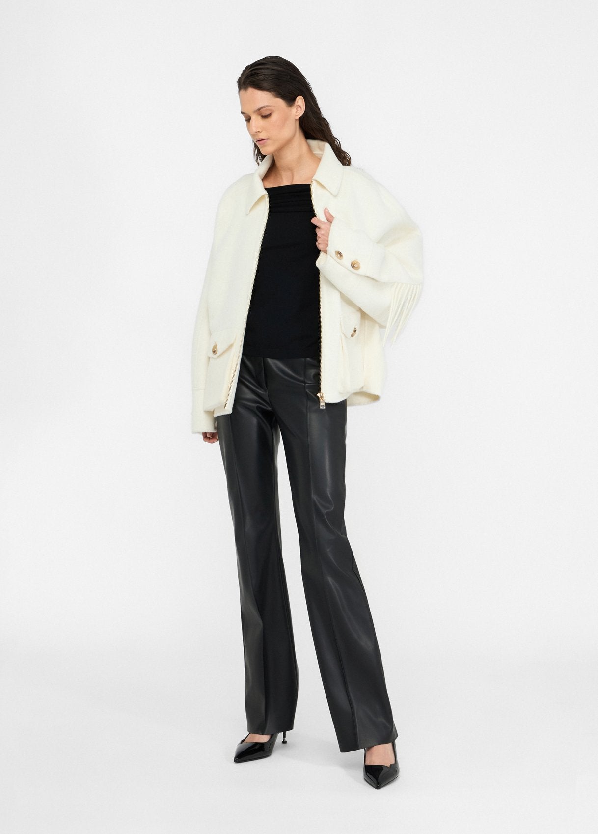 Caban in Lana con Frange / Avorio - Ideal Moda