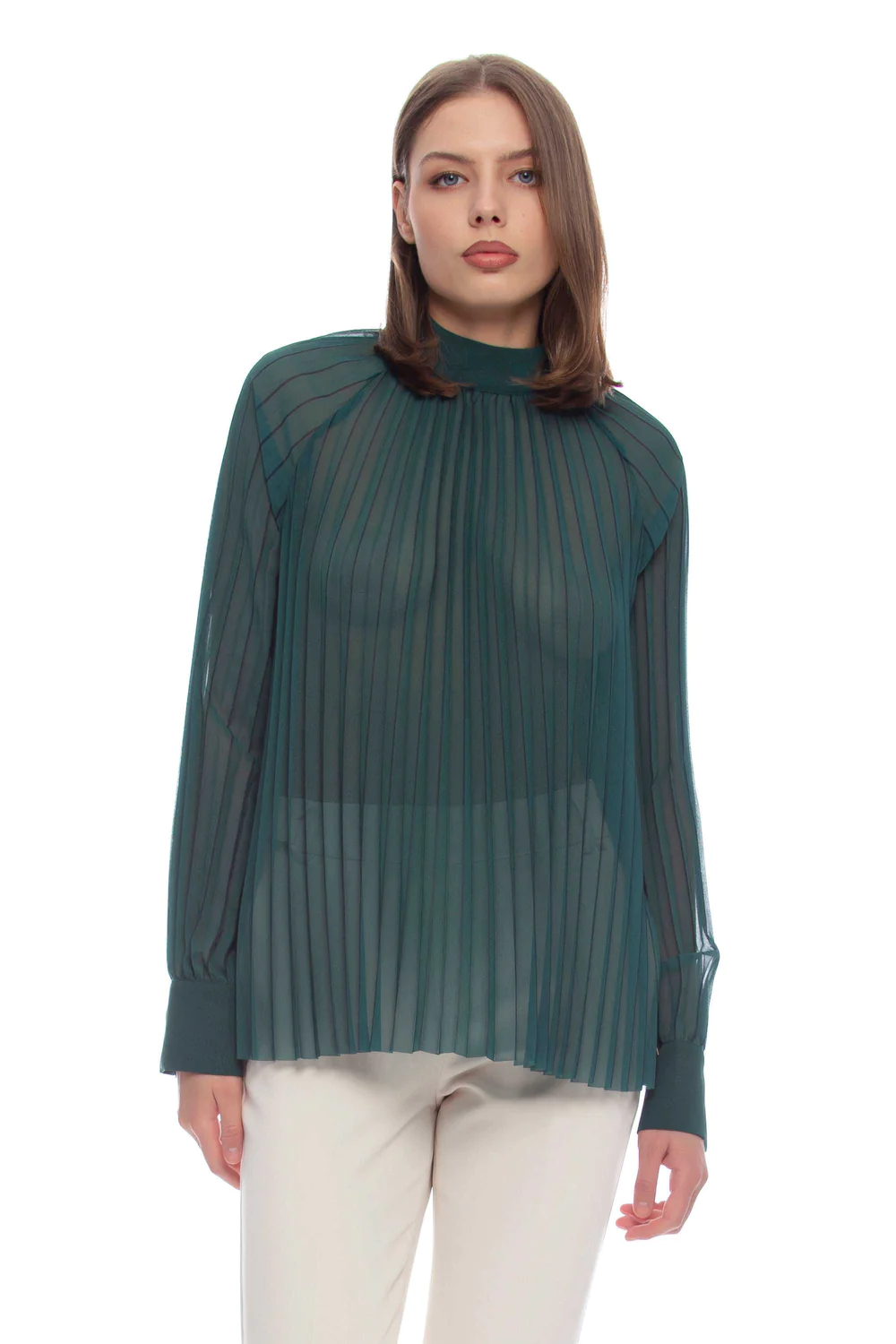 Blusa Plissettata a Maniche Lunghe / Verde - Ideal Moda