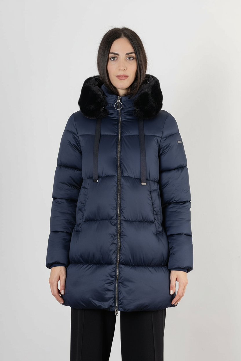 Giubbino Lungo con Collo in Eco Pelliccia / Blu
