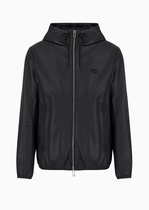 Giubbino in Pelle con Zip e Cappuccio / Blu - Ideal Moda