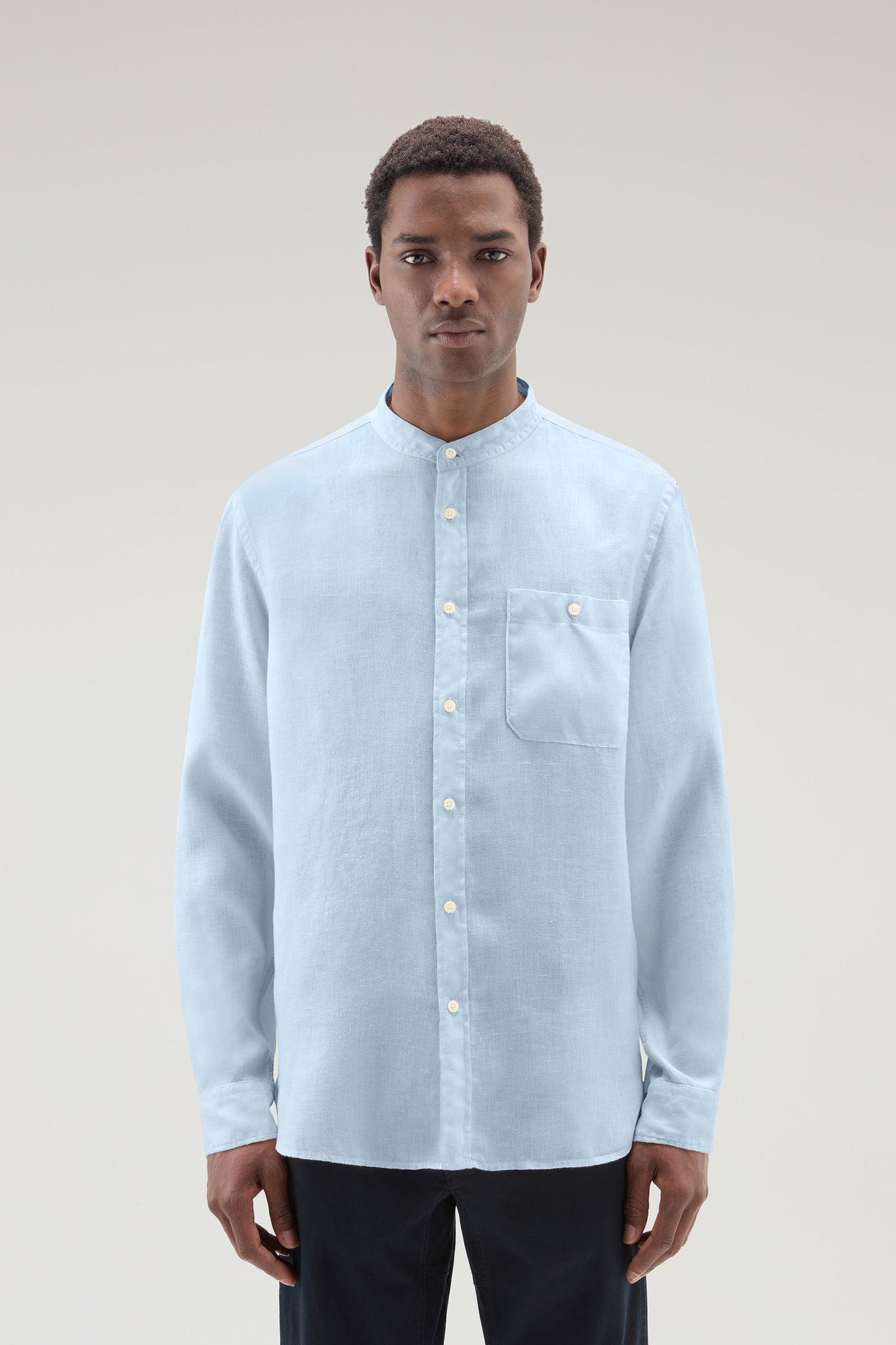 Camicia in Puro Lino con Colletto alla Coreana / Celeste - Ideal Moda