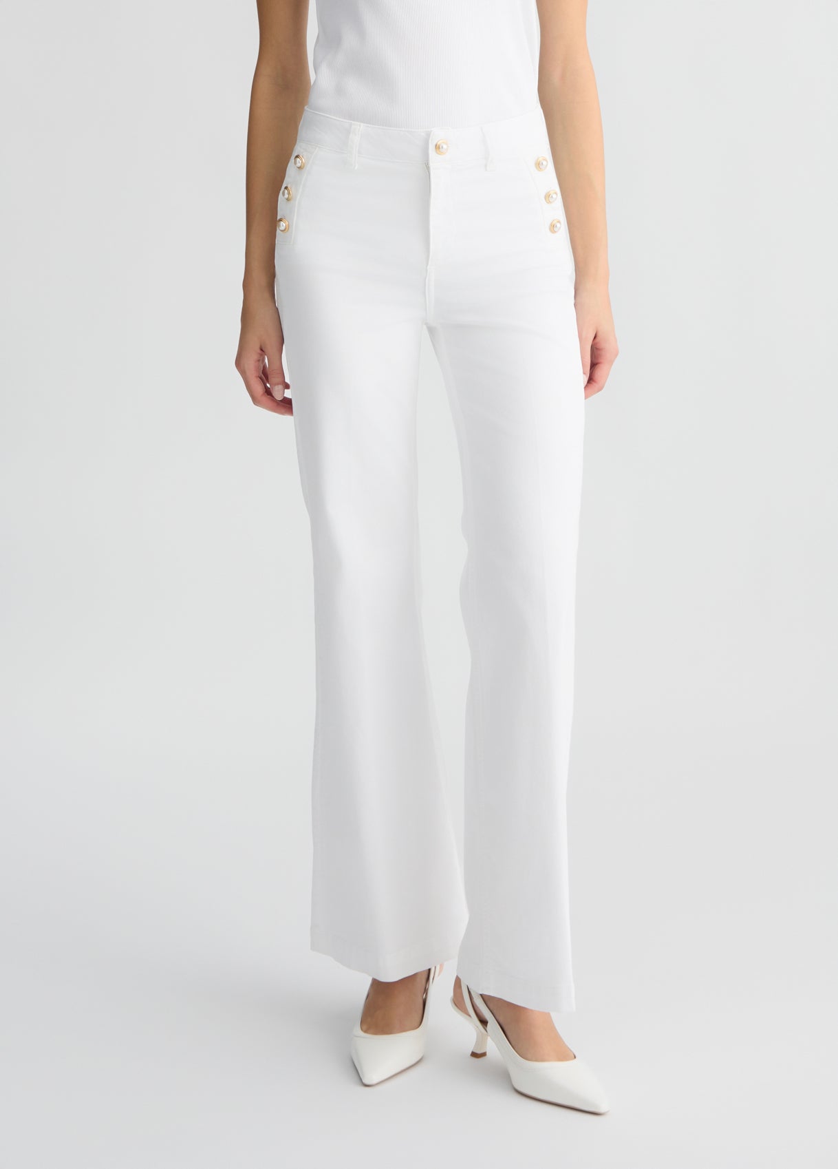 Pantalone Flare con Bottoni / Bianco - Ideal Moda