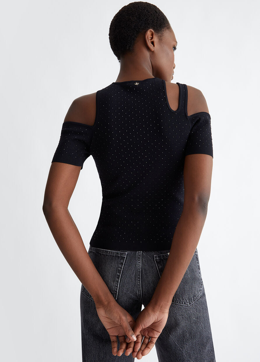 Maglia con Strass e Cut Out Nero