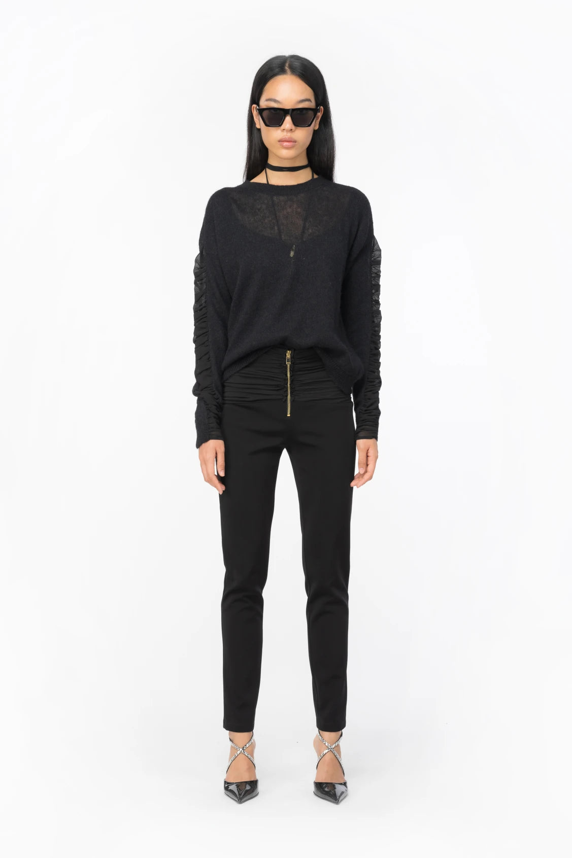 Pantalone Aderente con Zip / Nero - Ideal Moda