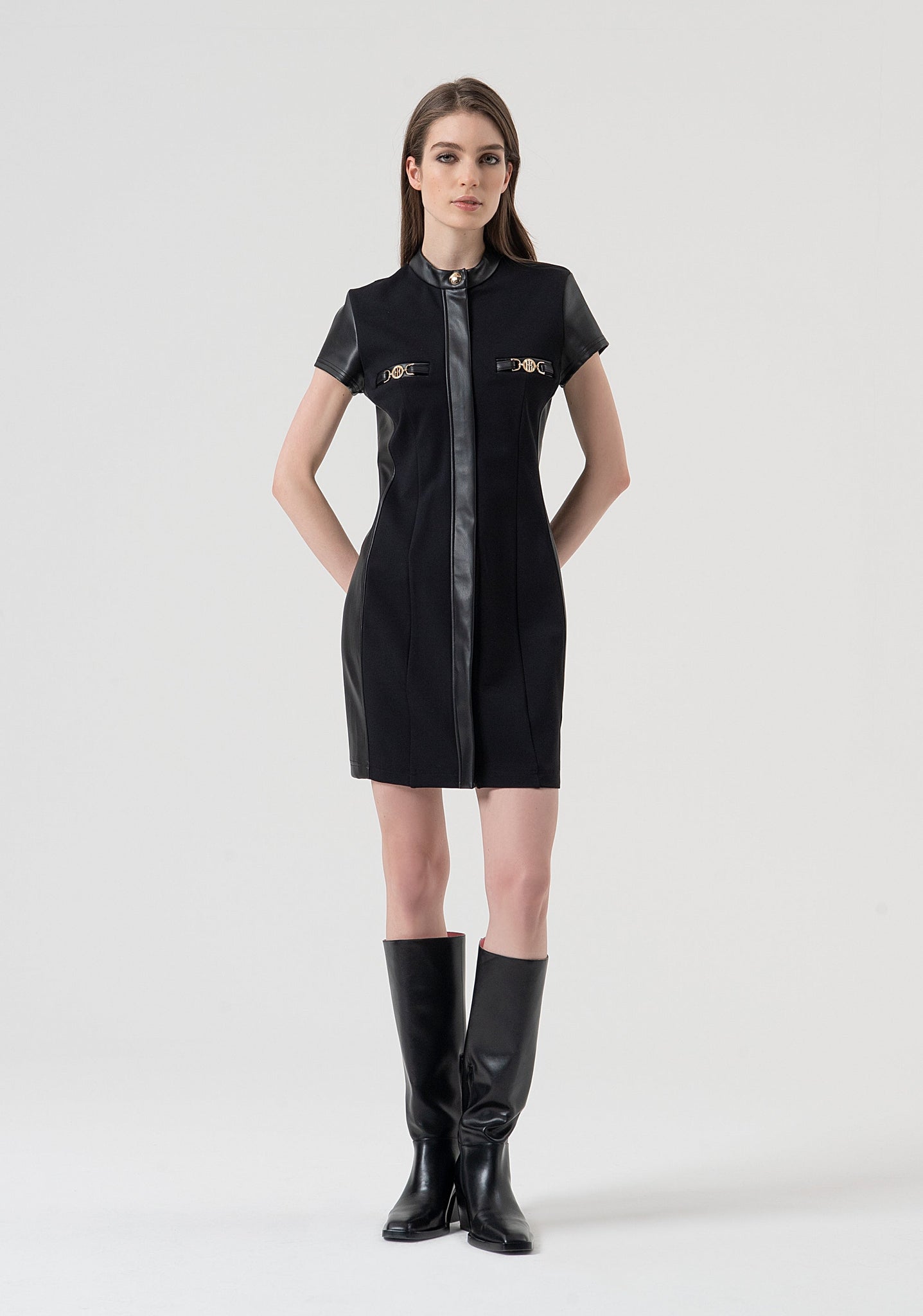 Abito Slim con Inserti in Ecopelle / Nero