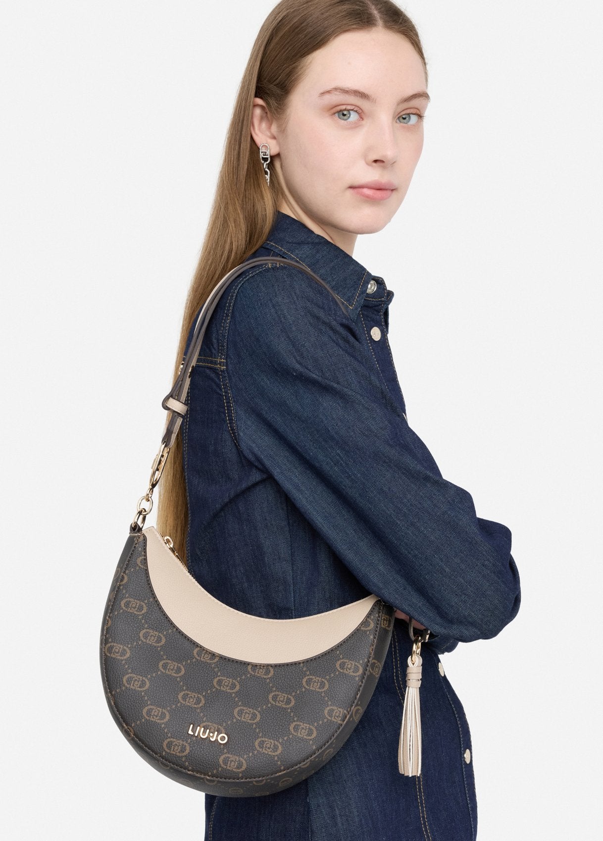Borsa Hobo Media con Logo / Beige
