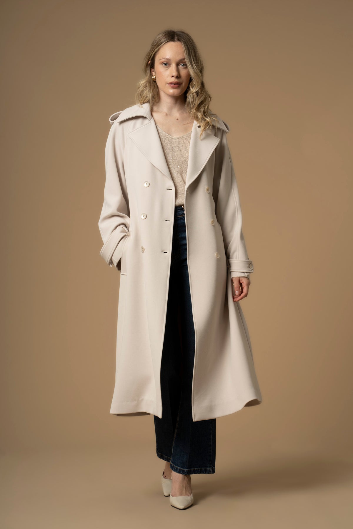 Cappotto Doppiopetto con Cintura / Avorio - Ideal Moda