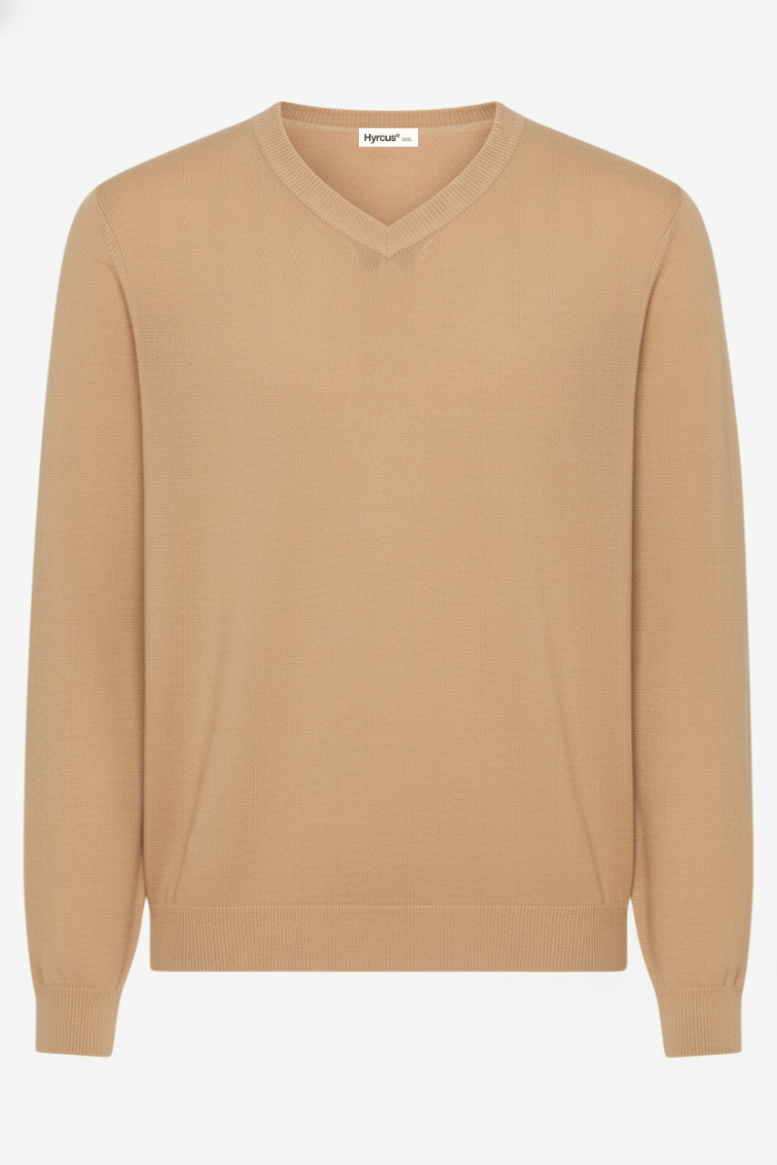 Maglia con Scollo a V in Lana Merino Extrafine / Beige - Ideal Moda