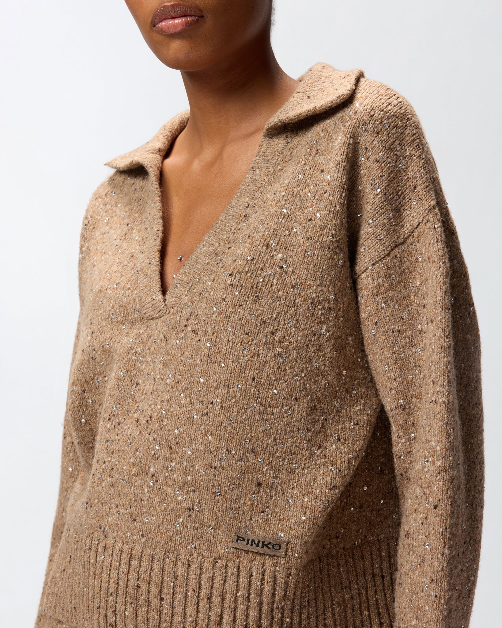 Maglione con Scollo a V e Strass / Beige - Ideal Moda