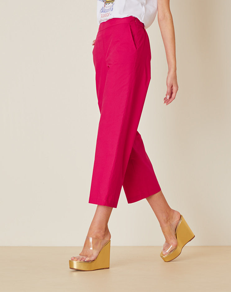 Pantalone in Cotone con Mezzo Elastico in Vita / Fucsia - Ideal Moda