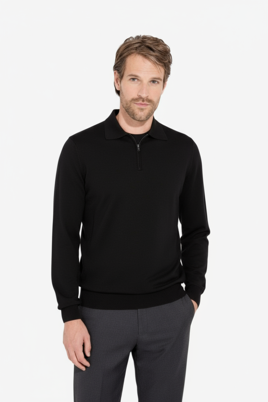 Maglia Polo con Mezza Zip in Lana Merino Extrafine / Nero - Ideal Moda