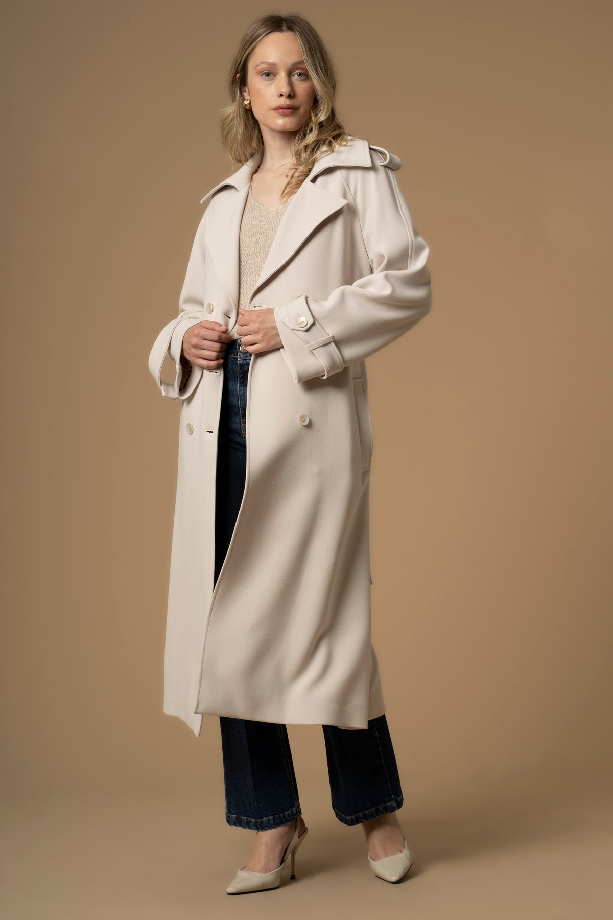 Cappotto Doppiopetto con Cintura / Avorio - Ideal Moda