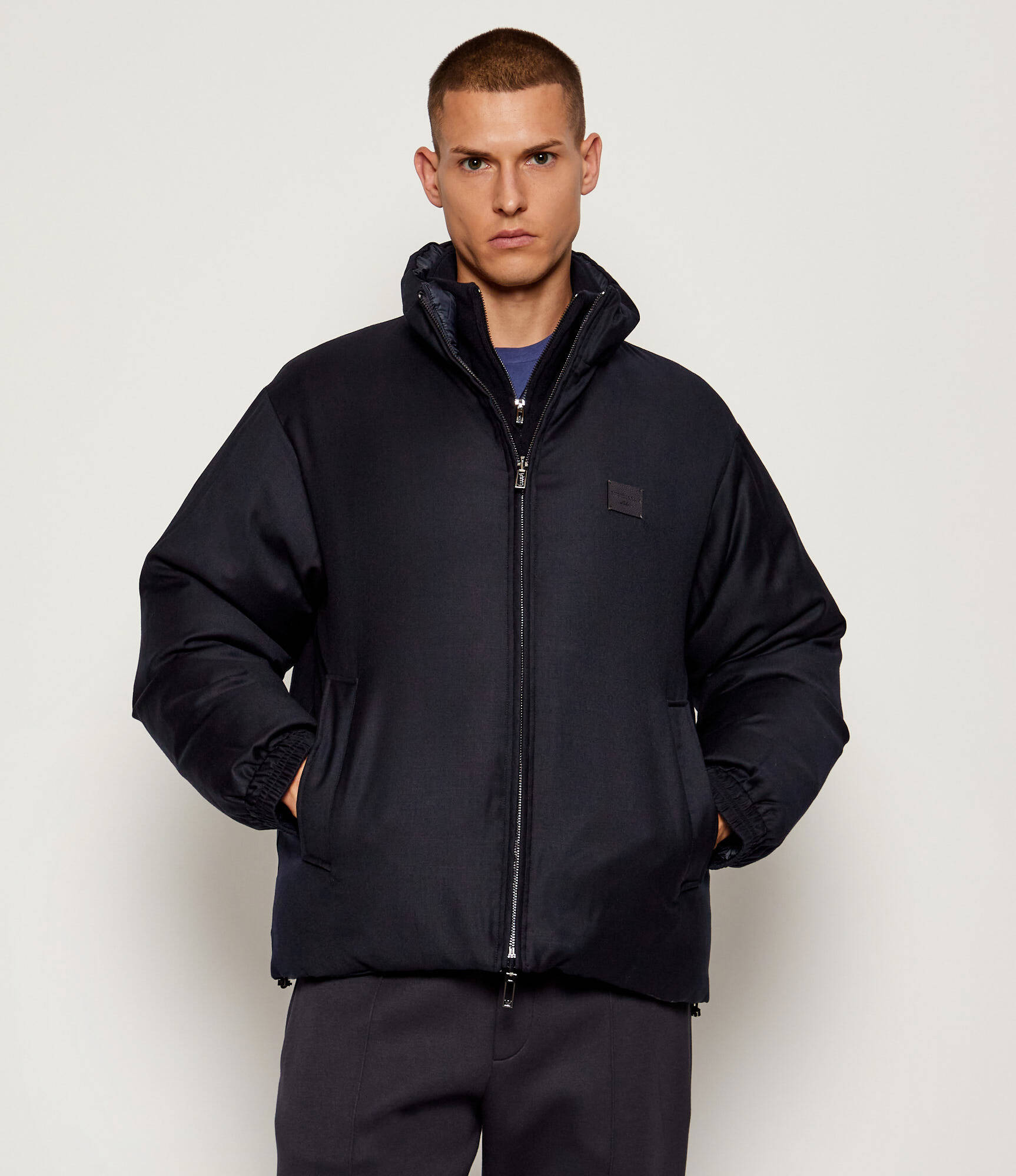 Piumino Reversibile in Twill Misto Lana / Blu