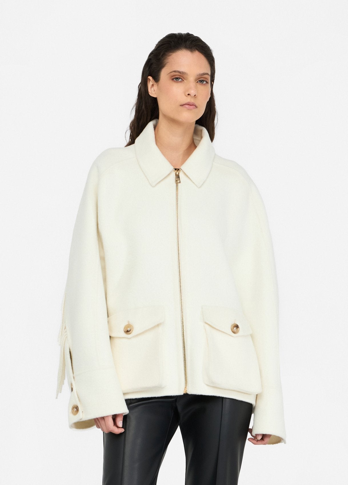 Caban in Lana con Frange / Avorio - Ideal Moda