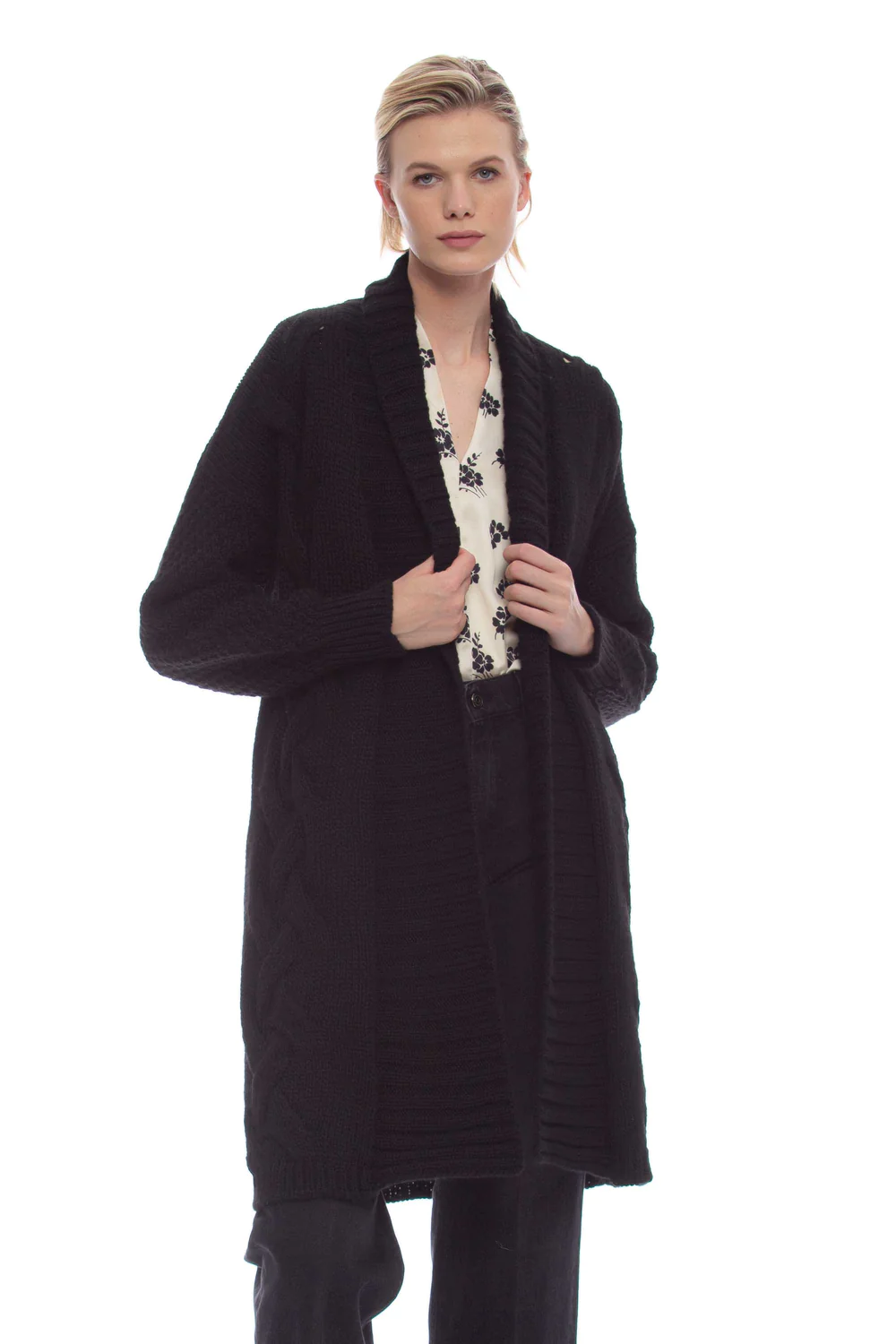 Cardigan Lungo con Scollo Sciallato / Nero - Ideal Moda